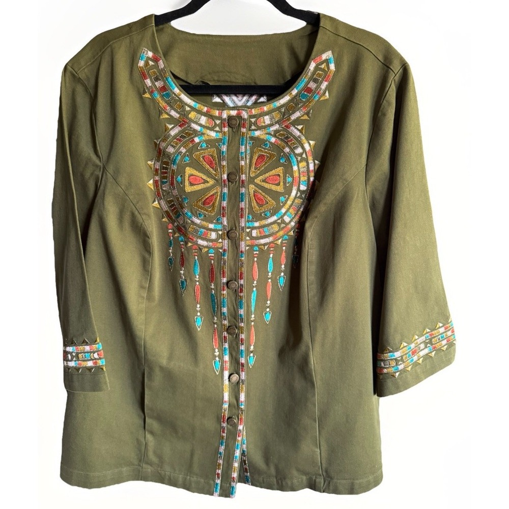 Bob Mackie Wearable Art Olive Green Kaftan Jacket Top Women's Size Measured (XL)